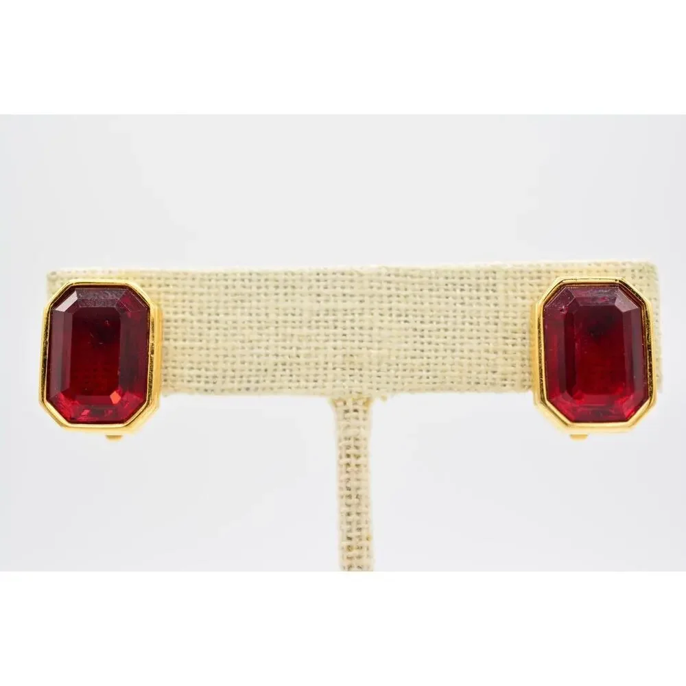 Givenchy Vintage Crystal Clip On Earrings Red Baguette Rhinestone Signed BinAG - Picture 1 of 12